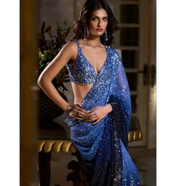 Blue Ombre Sequin Georgette Sari