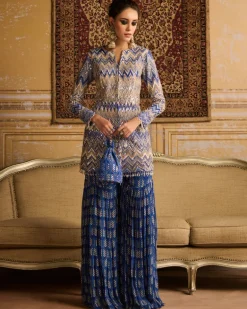 Blue Print Embroidered Jacket And Gharara Set