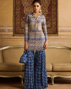 Blue Print Embroidered Jacket And Gharara Set
