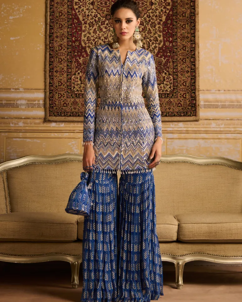 Blue Print Embroidered Jacket And Gharara Set