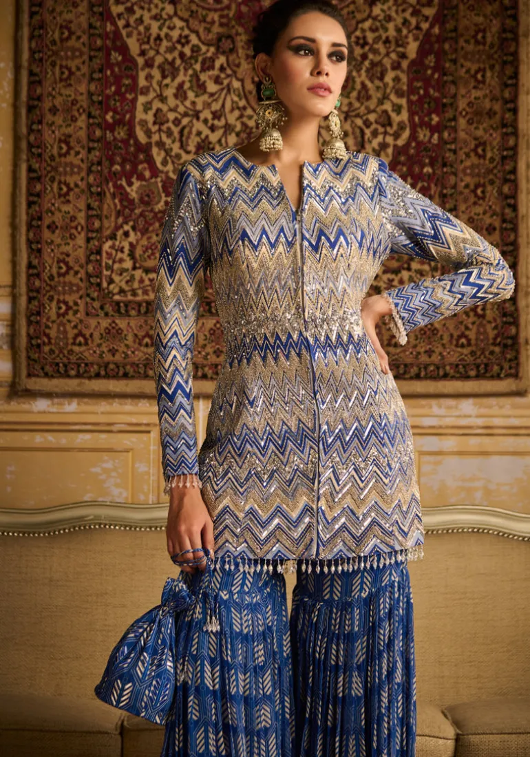 Blue Print Embroidered Jacket And Gharara Set