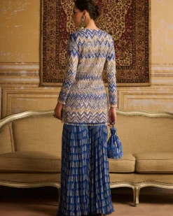 Blue Print Embroidered Jacket And Gharara Set