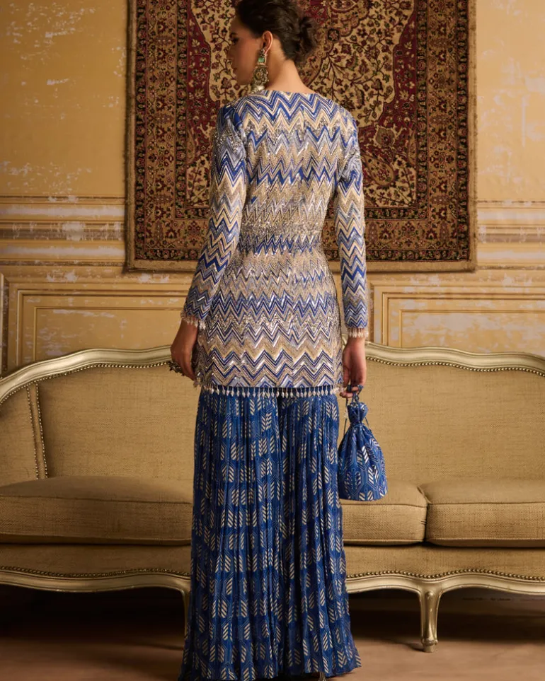 Blue Print Embroidered Jacket And Gharara Set