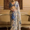 Blue Print Highlighted Blouse And Sari Set