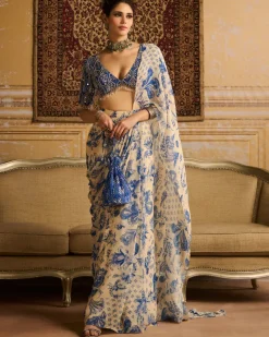 Blue Print Highlighted Blouse And Sari Set