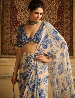 Blue Print Highlighted Blouse And Sari Set
