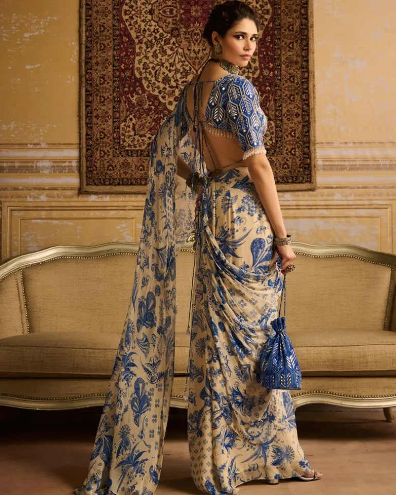 Blue Print Highlighted Blouse And Sari Set