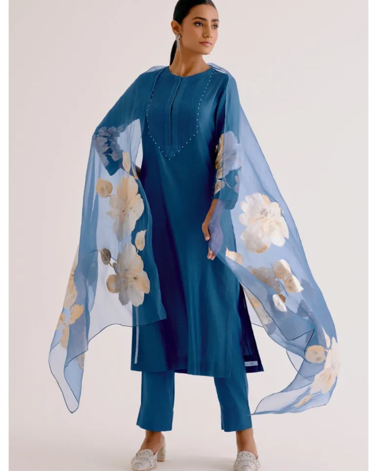 Blue Silk Chanderi Hand-Painted Kurta Set