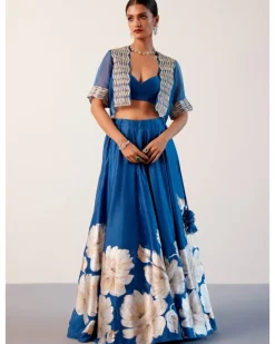 Blue Silk Chanderi Hand-Painted Skirt And Cape Set