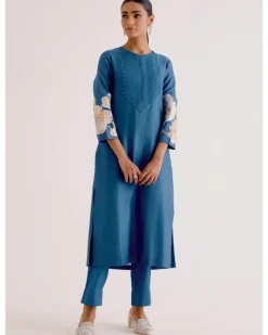 Blue Silk Chanderi Hand-Painted Kurta Set