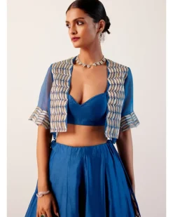 Blue Silk Chanderi Hand-Painted Skirt And Cape Set