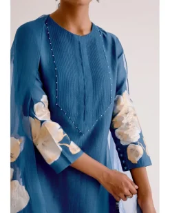 Blue Silk Chanderi Hand-Painted Kurta Set