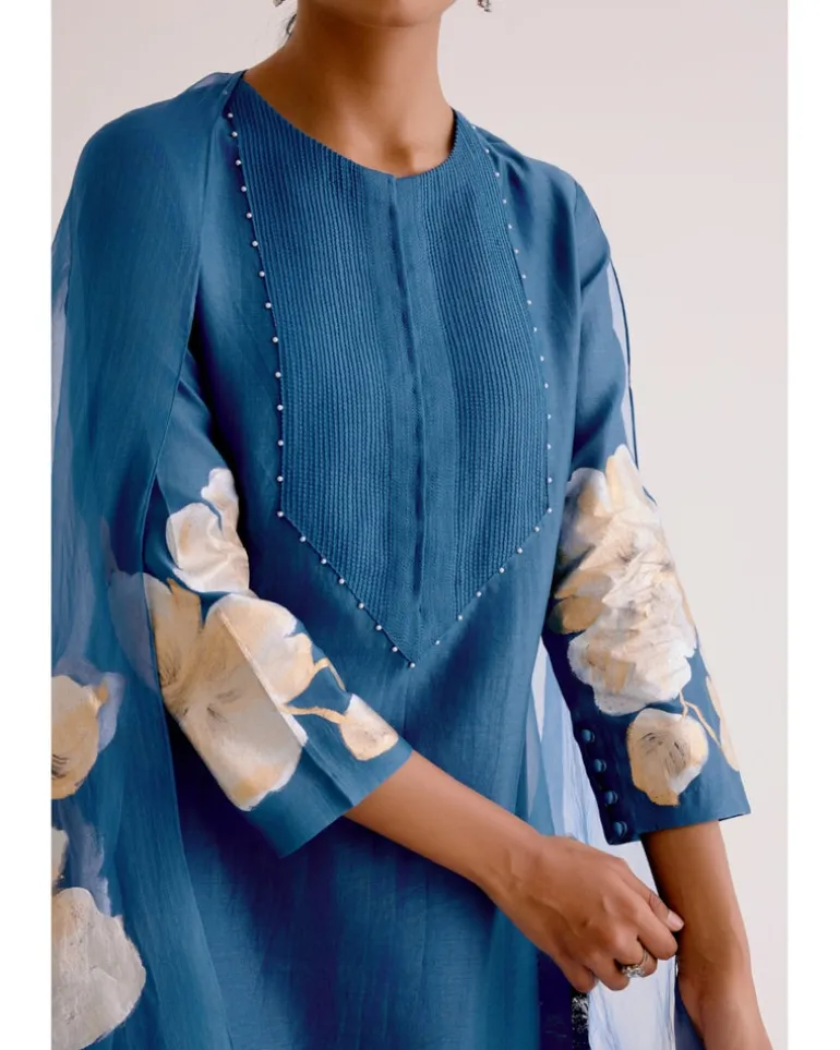 Blue Silk Chanderi Hand-Painted Kurta Set