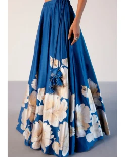 Blue Silk Chanderi Hand-Painted Skirt And Cape Set