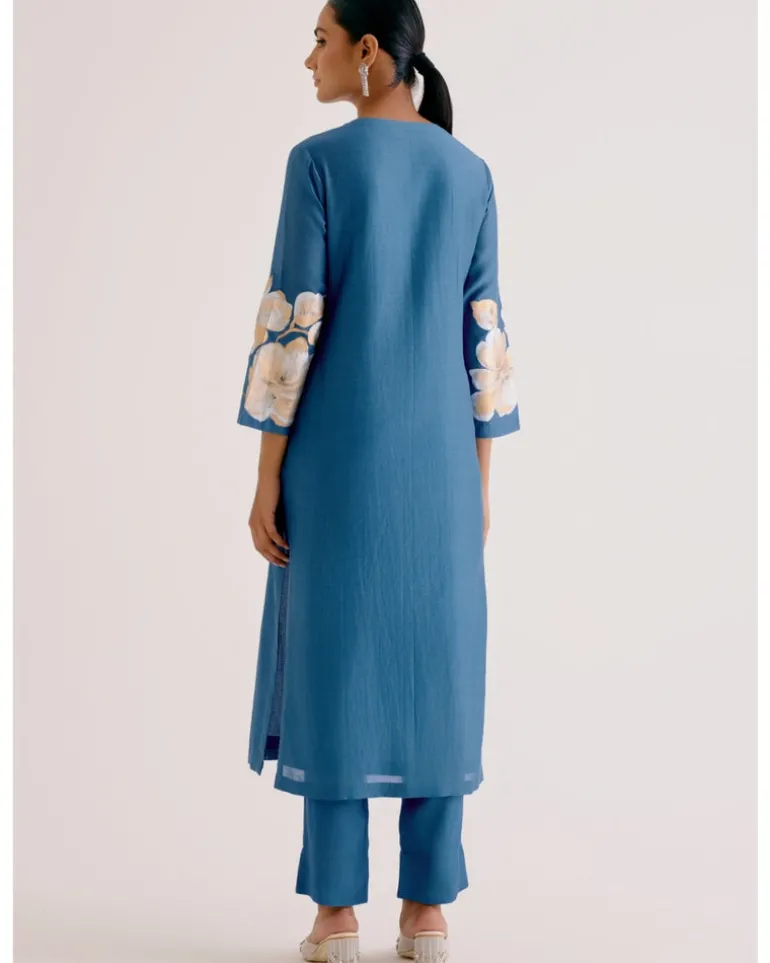 Blue Silk Chanderi Hand-Painted Kurta Set