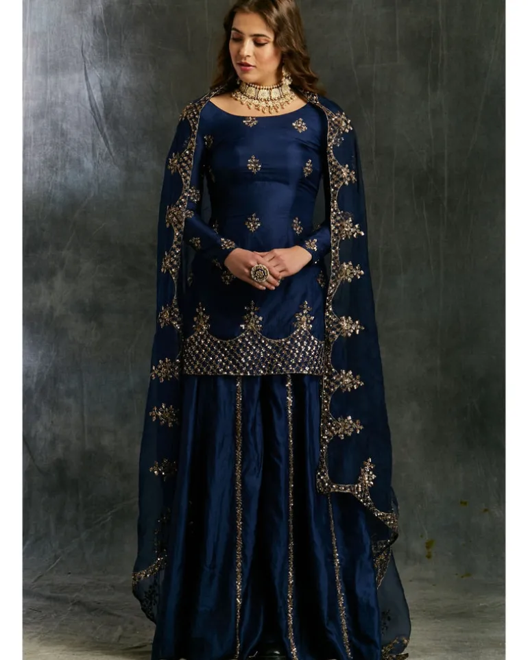 Blue Silk Sharara With Net Dupatta