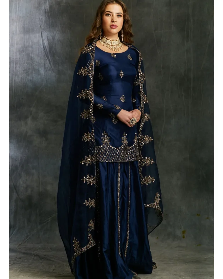 Blue Silk Sharara With Net Dupatta