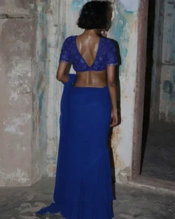 Blue Solid Ruffle Sari Set