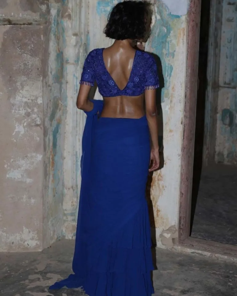 Blue Solid Ruffle Sari Set