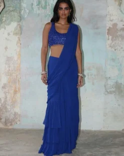 Blue Solid Ruffle Sari With Sleeveless Blouse Set