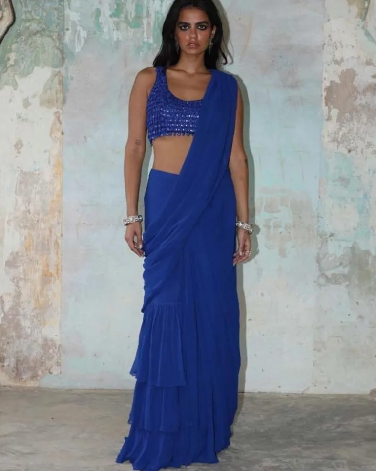 Blue Solid Ruffle Sari With Sleeveless Blouse Set