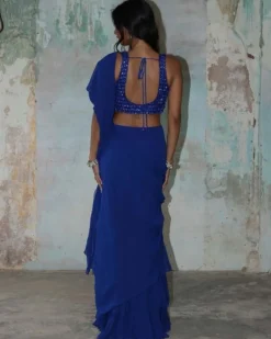 Blue Solid Ruffle Sari With Sleeveless Blouse Set