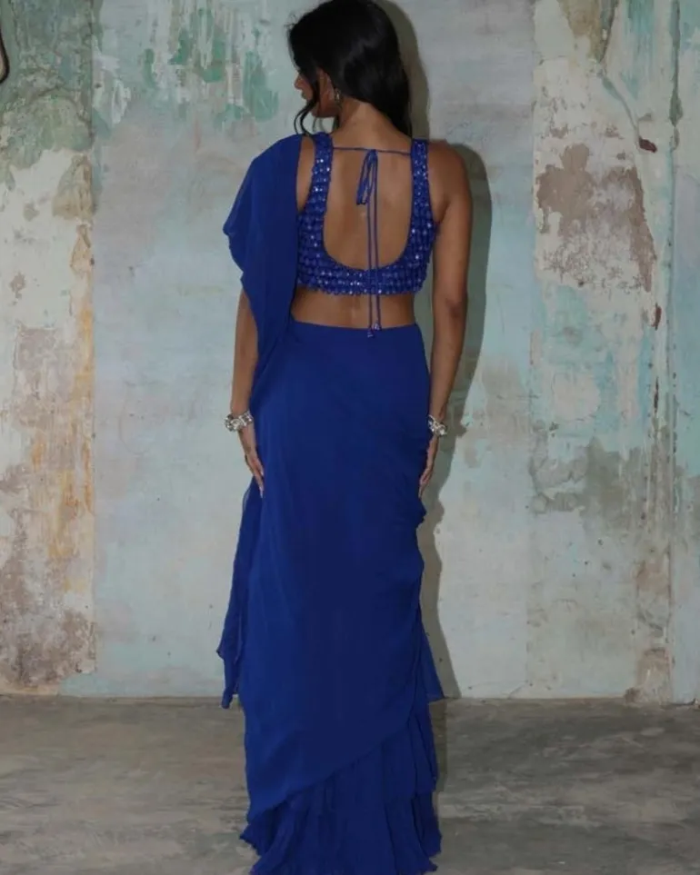 Blue Solid Ruffle Sari With Sleeveless Blouse Set
