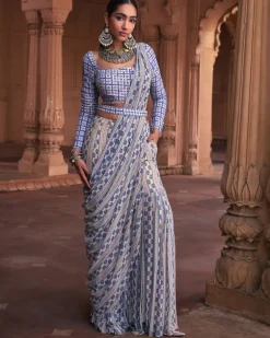 Blue Stripe Print and Highlighted Sharara Sari Set