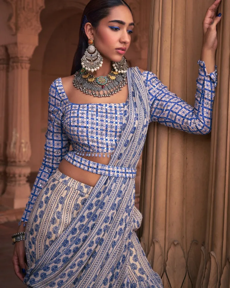 Blue Stripe Print and Highlighted Sharara Sari Set