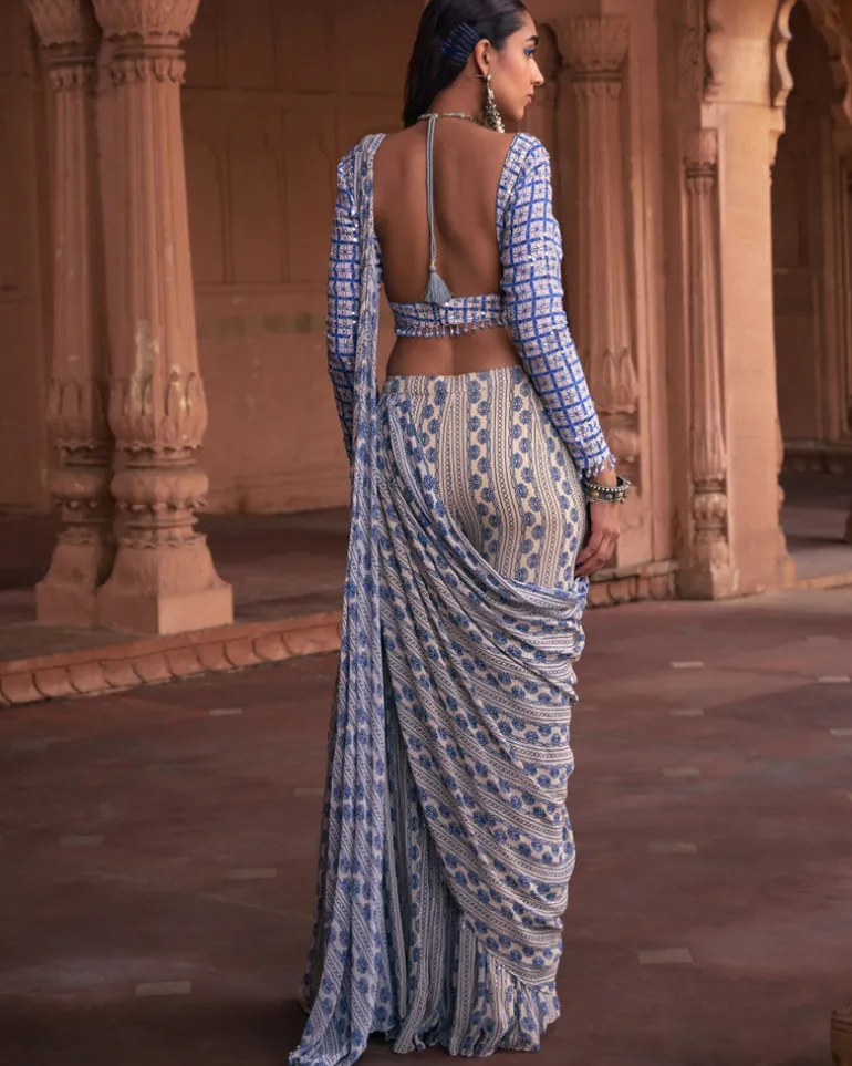 Blue Stripe Print and Highlighted Sharara Sari Set