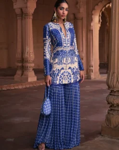 Blue Thikri Print and Highlighted Jacket Set