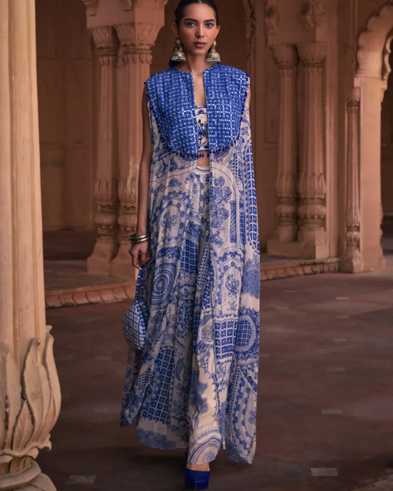 Blue Thikri Print and Highlighted Cape Set