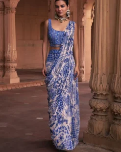 Blue Thikri Print and Highlighted Sari Set