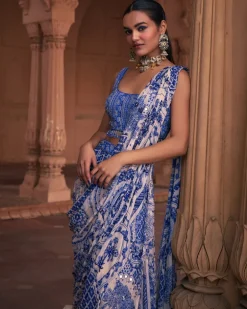 Blue Thikri Print and Highlighted Sari Set