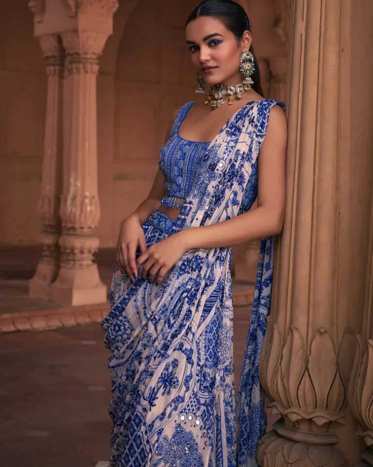 Blue Thikri Print and Highlighted Sari Set
