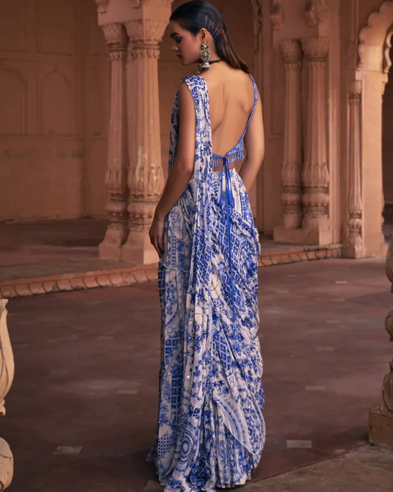 Blue Thikri Print and Highlighted Sari Set