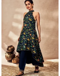 Blue Tropical Rhapsody Halter Neck Tunic Set
