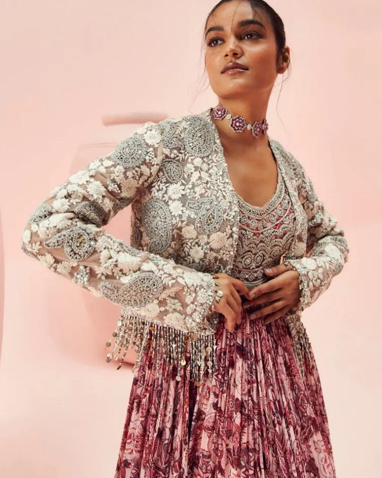 Blush Abstract Floral Anarkali With Short Jacket