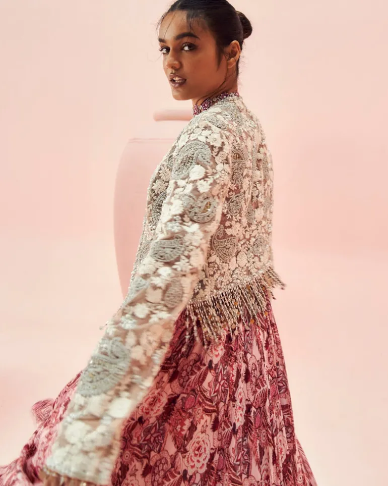 Blush Abstract Floral Anarkali With Short Jacket
