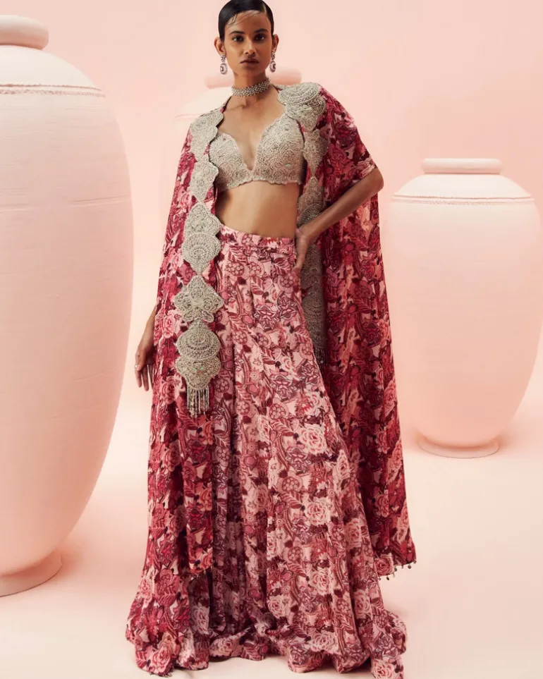 Blush Abstract Floral Flared Pants And Cape Set