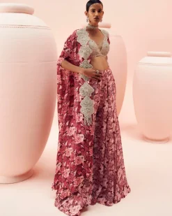 Blush Abstract Floral Flared Pants And Cape Set