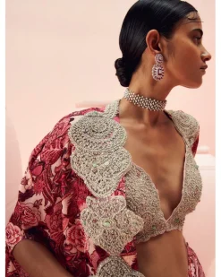 Blush Abstract Floral Flared Pants And Cape Set