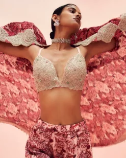 Blush Abstract Floral Flared Pants And Cape Set