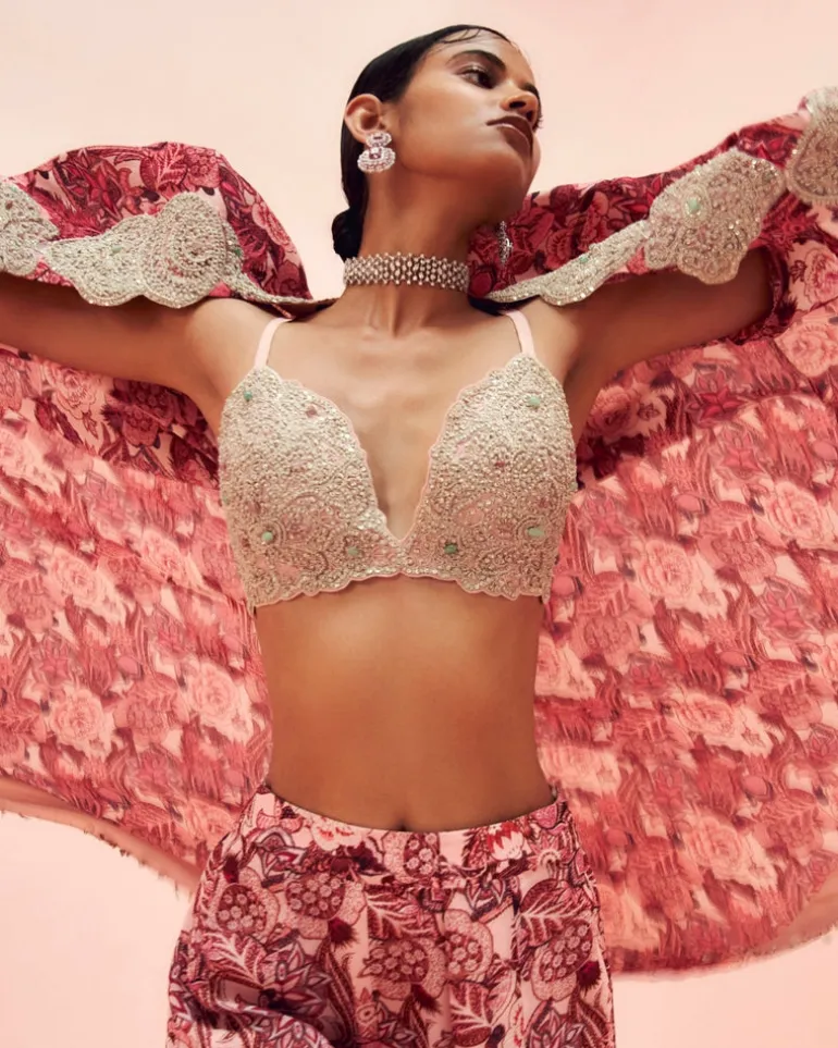 Blush Abstract Floral Flared Pants And Cape Set