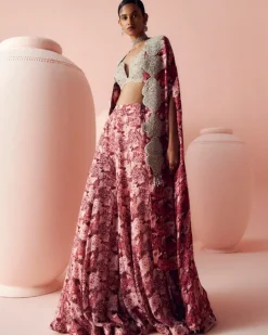 Blush Abstract Floral Flared Pants And Cape Set