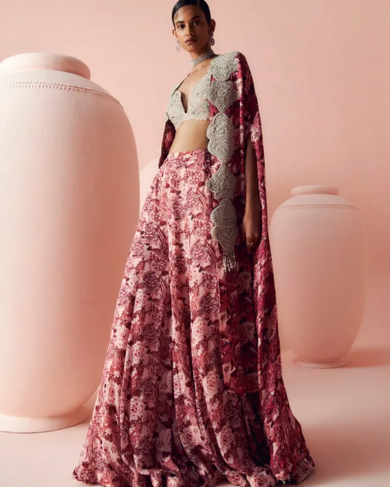 Blush Abstract Floral Flared Pants And Cape Set