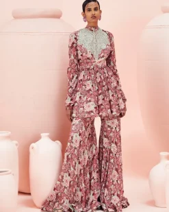 Blush Abstract Floral Peplum And Gharara Set