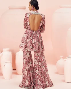 Blush Abstract Floral Peplum And Gharara Set