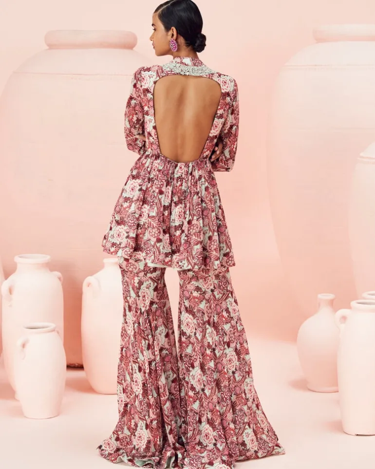 Blush Abstract Floral Peplum And Gharara Set