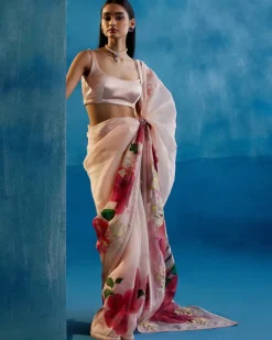 Blush Pink And Red Silk Organza Hand-Painted Embroidered Sari